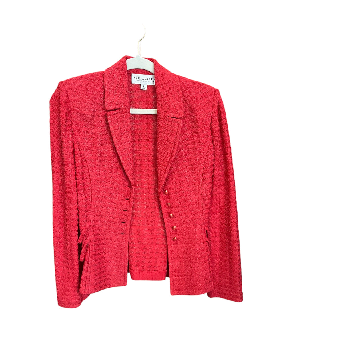 SIZE 2 St John RED KNIT 5 BUTTON BLAZER W/ BELTED SIDESJacket