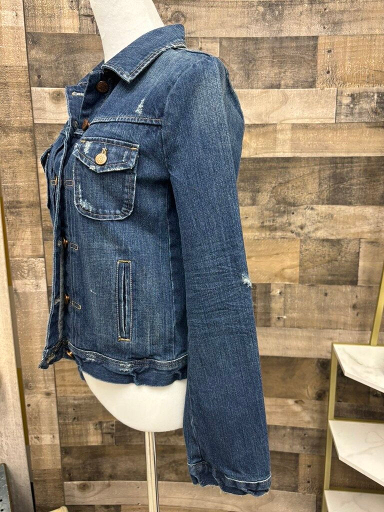 Denim Jacket w/Bronze Button & Distressed Patches Size S