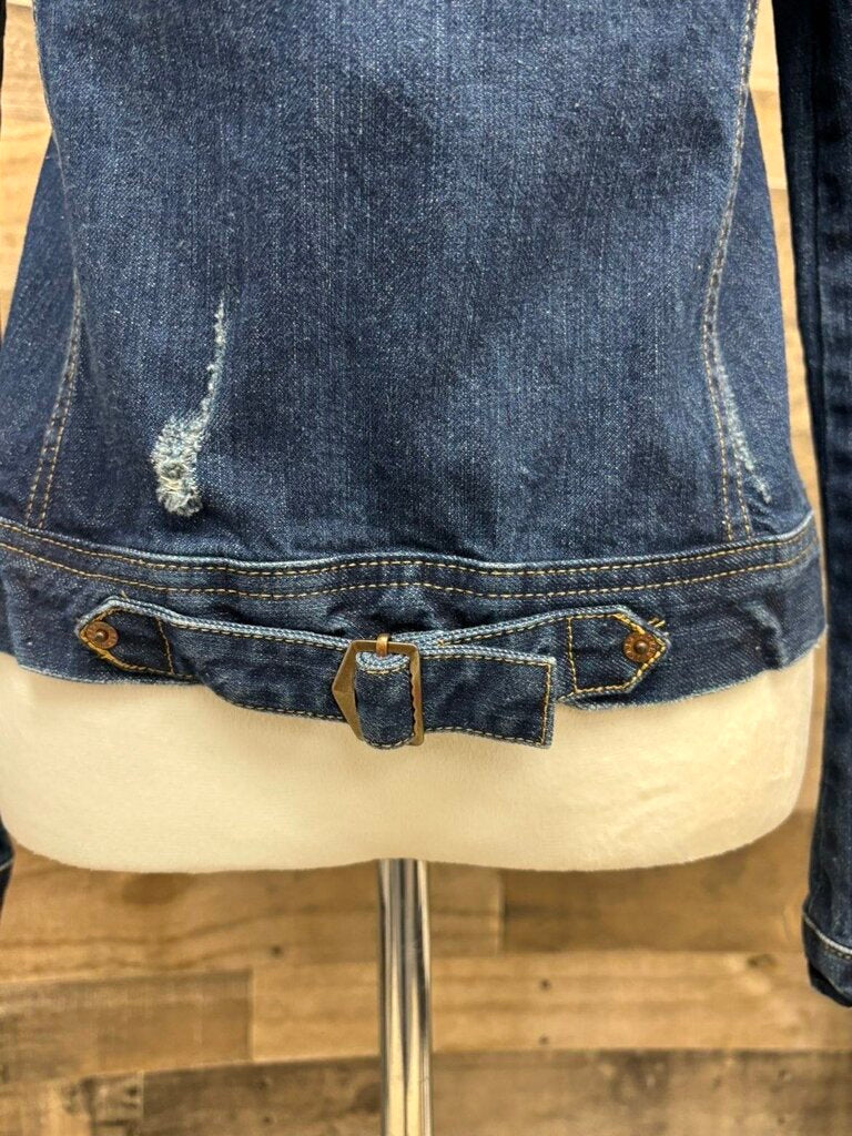 Denim Jacket w/Bronze Button & Distressed Patches Size S