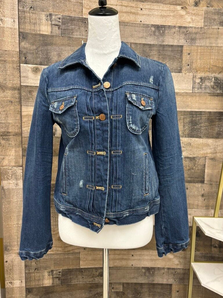 Denim Jacket w/Bronze Button & Distressed Patches Size S