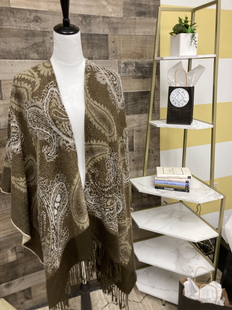Brown & Tan Paisley Poncho w/Dark Brown Fringe OS