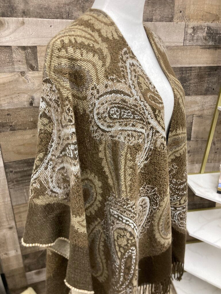 Brown & Tan Paisley Poncho w/Dark Brown Fringe OS