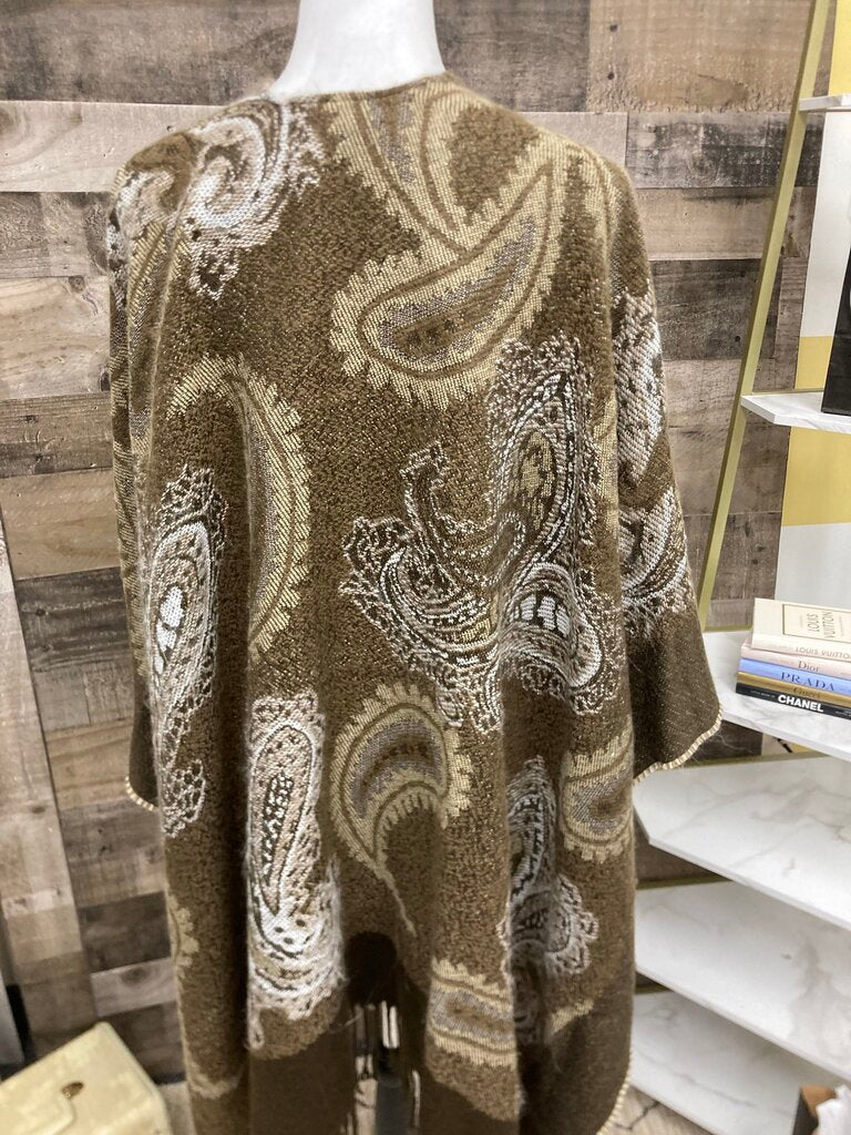 Brown & Tan Paisley Poncho w/Dark Brown Fringe OS