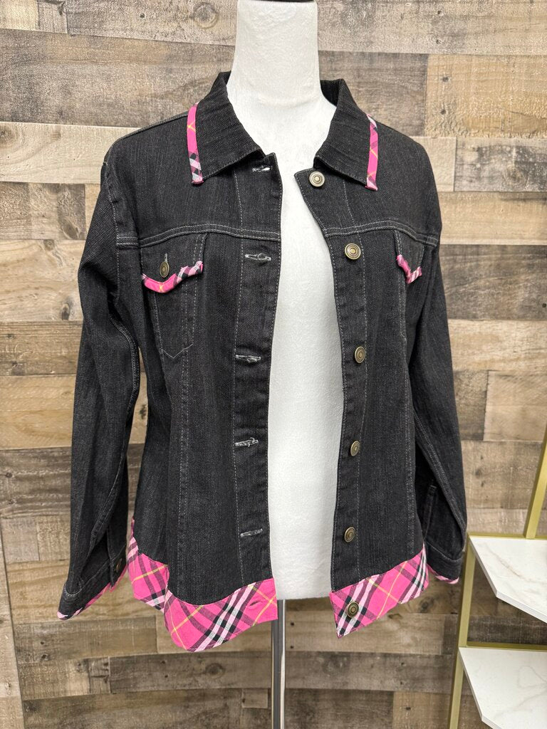 Birch Hill Black Denim Jacket w/Pink Plaid Size L