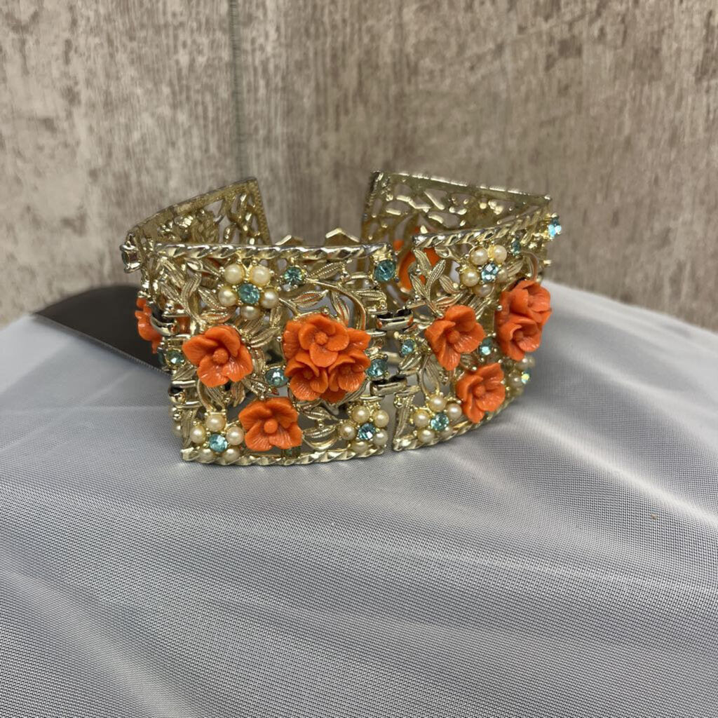 Orange Floral & Silver Cuff Bracelet Baby Blue Rhinestones & Pearls