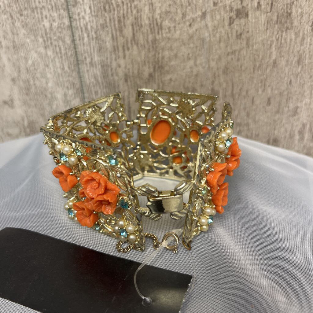 Orange Floral & Silver Cuff Bracelet Baby Blue Rhinestones & Pearls
