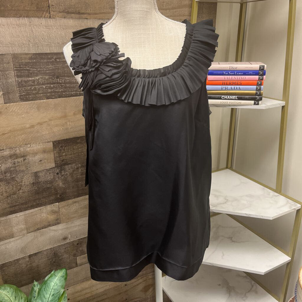 J Crew Black Silk Sleeveless Ruffle & Flower Detailed Neck Size 12
