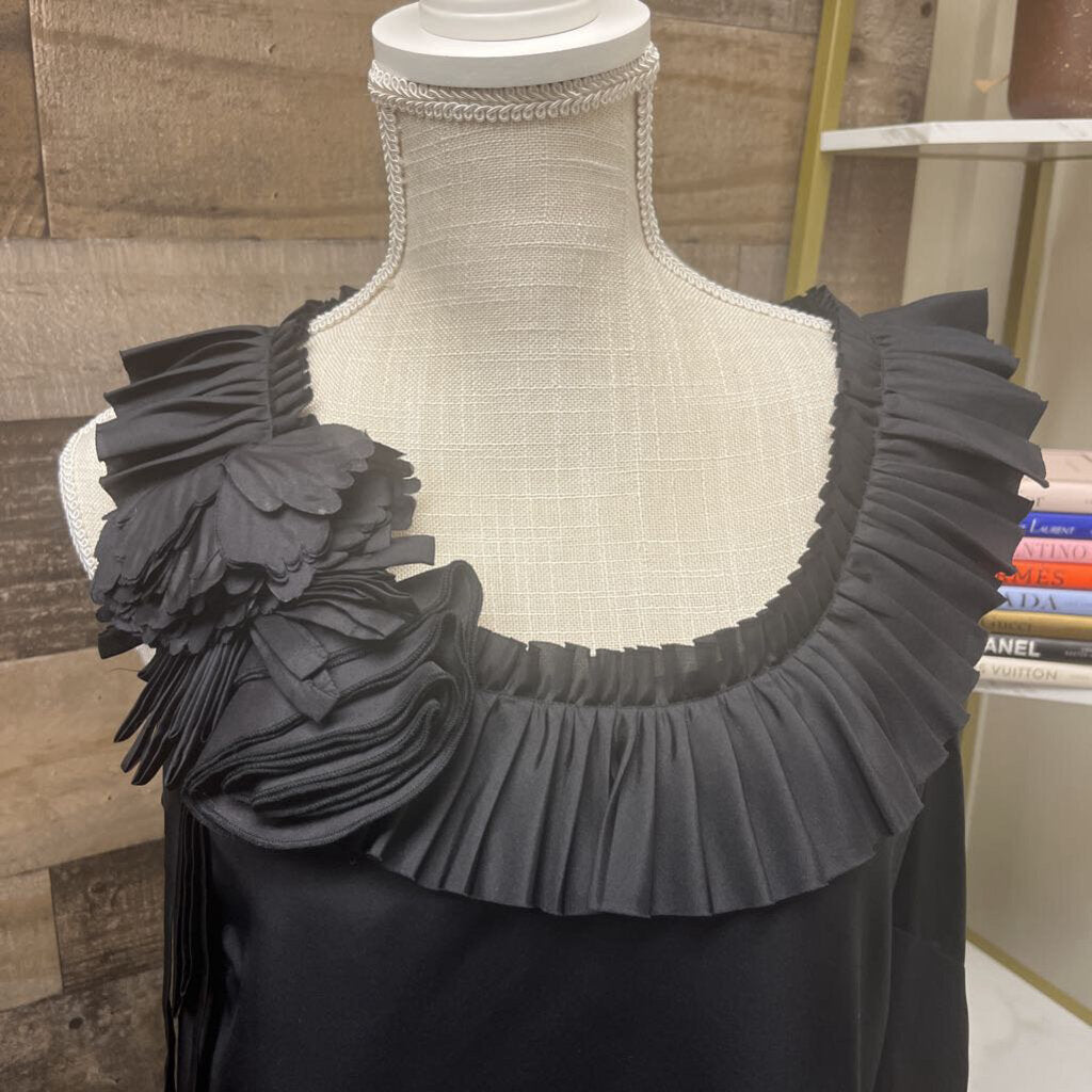 J Crew Black Silk Sleeveless Ruffle & Flower Detailed Neck Size 12