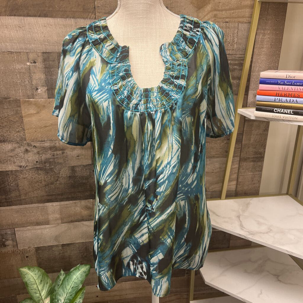 NWT Violet & Claire Black, Aqua Green Multi Short Sleeve Blouse Size L