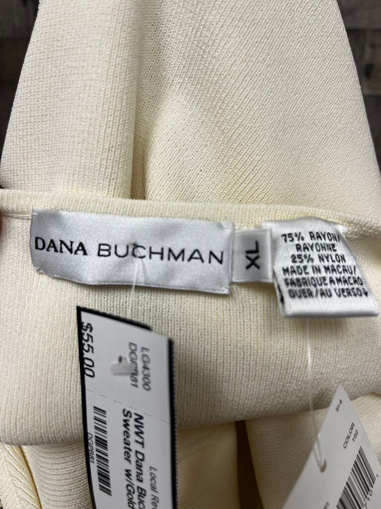 NWT Dana Buchman Ivory Sweater w/Gold Chain V-Neckline Size XL