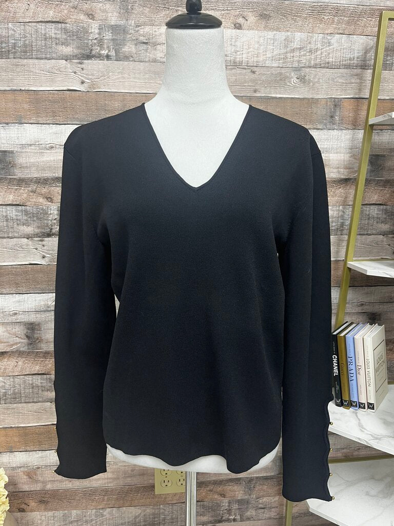 Dana Buchman Black V-Neck Sweater w/Button Arm Detail Size XL