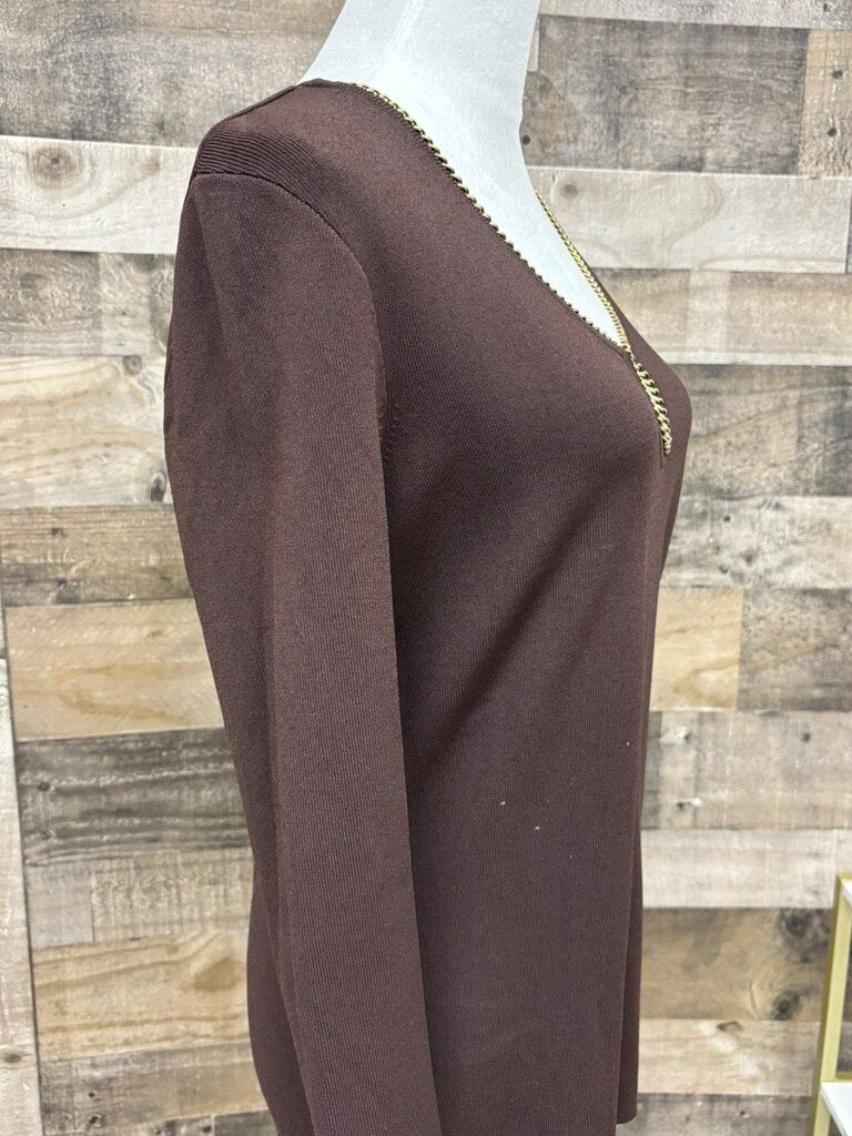 Dana Buchman Brown Sweater w/Gold Chain V-Neckline Size XL