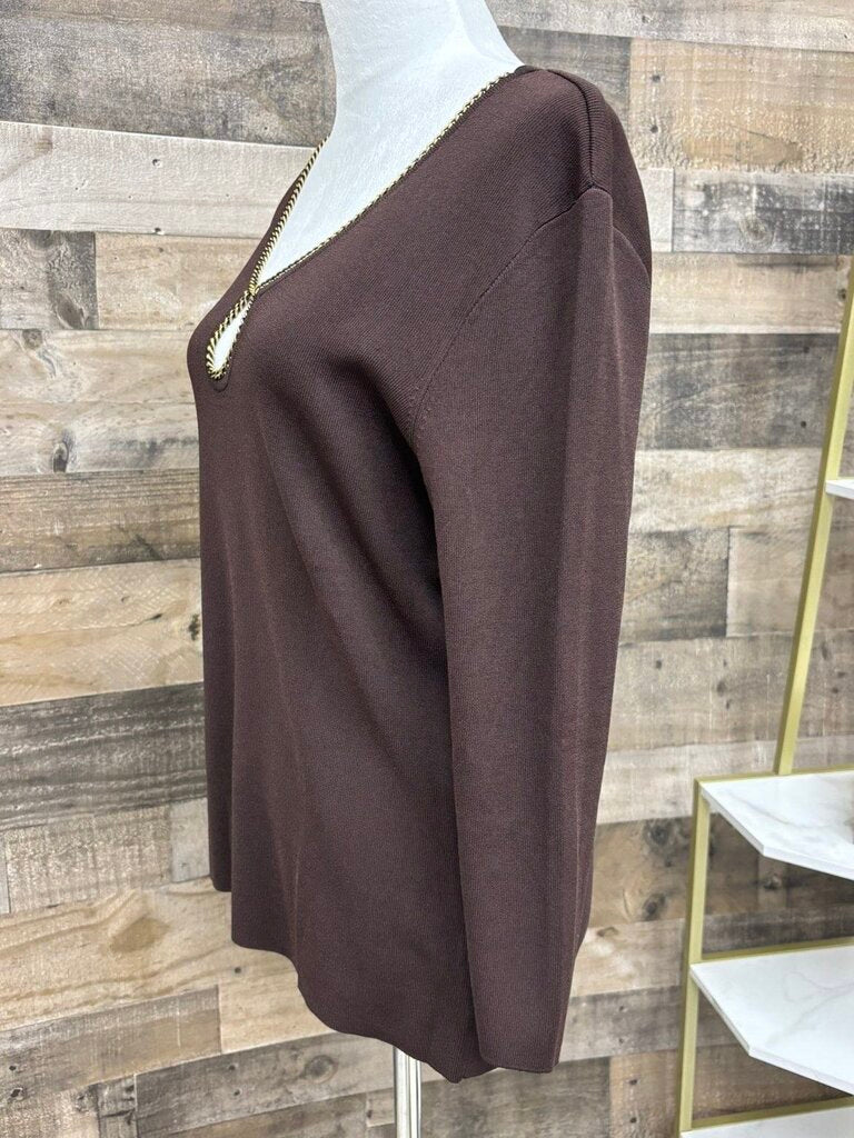 Dana Buchman Brown Sweater w/Gold Chain V-Neckline Size XL