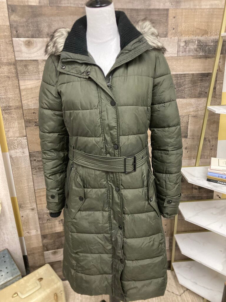 Lucky Brand Army Green Long Puffer Winter Coat w/Faux Fur Hood Size S