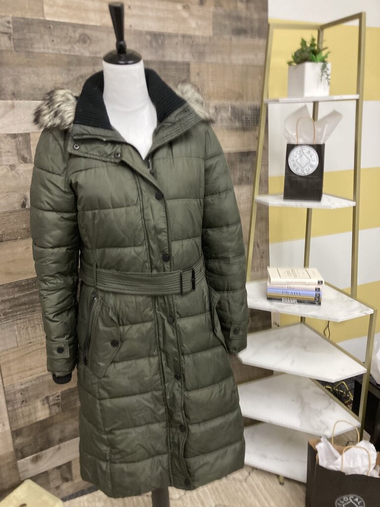 Lucky Brand Army Green Long Puffer Winter Coat w/Faux Fur Hood Size S