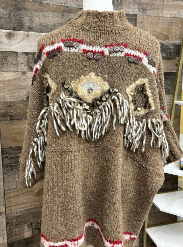 Free People Tan Sweater w/Fringe & Coin Detail Size S