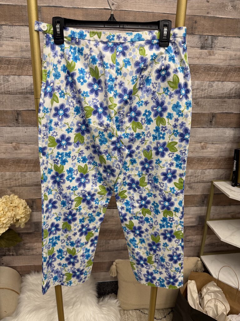 British Khaki White & Blue Floral Capri Size M