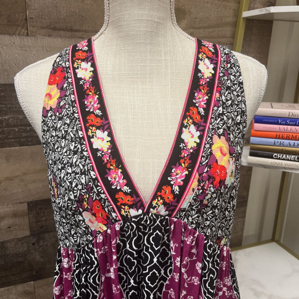 Free People Black Floral Pattern V-Neck Halter Size S