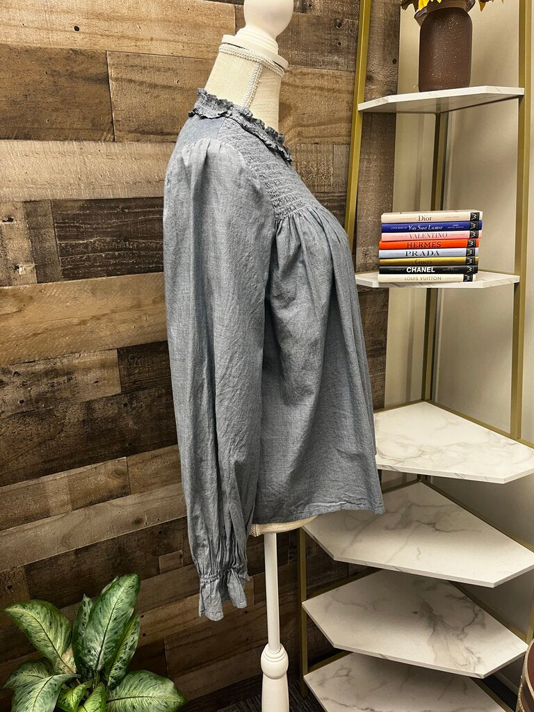 Gap Chambray Ruffle Mock Neck Boho Blouse Size M