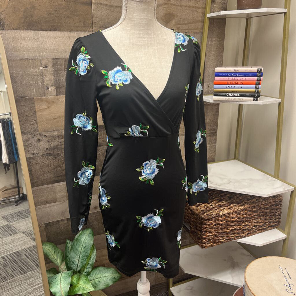 ASOS Black Long Sleeve Dress w/Embroidered Flowers Size 4