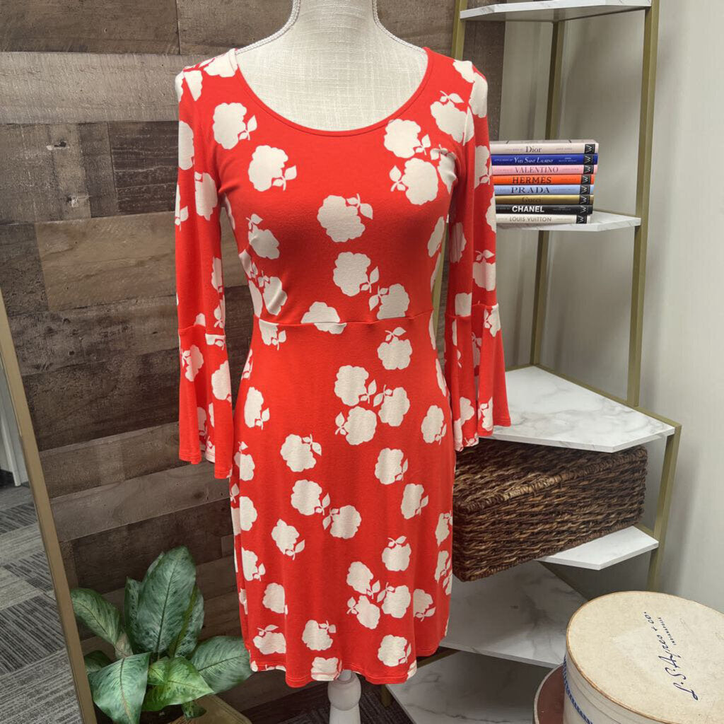 Boden Orange Dress w/White Flowers 3/4 Bell Sleeve Size 2