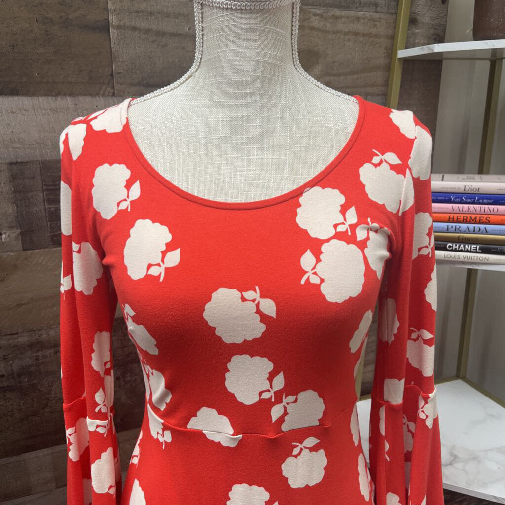 Boden Orange Dress w/White Flowers 3/4 Bell Sleeve Size 2