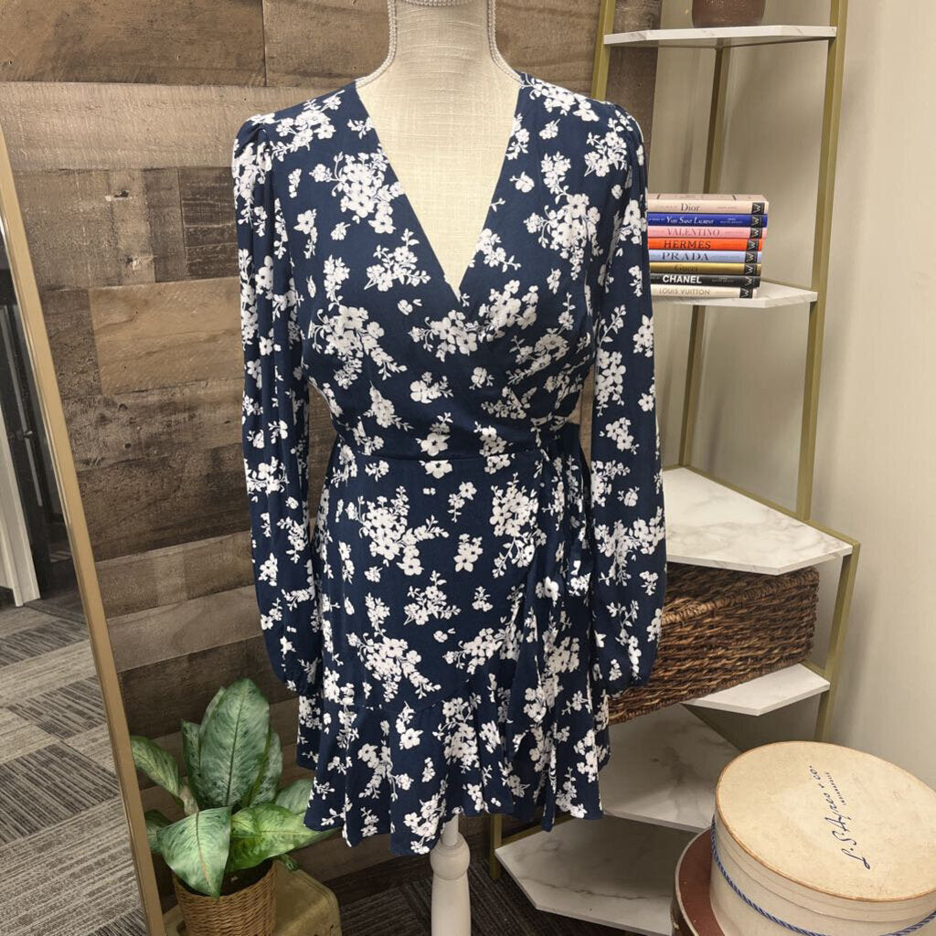 Blue Rain Navy Wrap Mini Dress w/White Flowers Size S