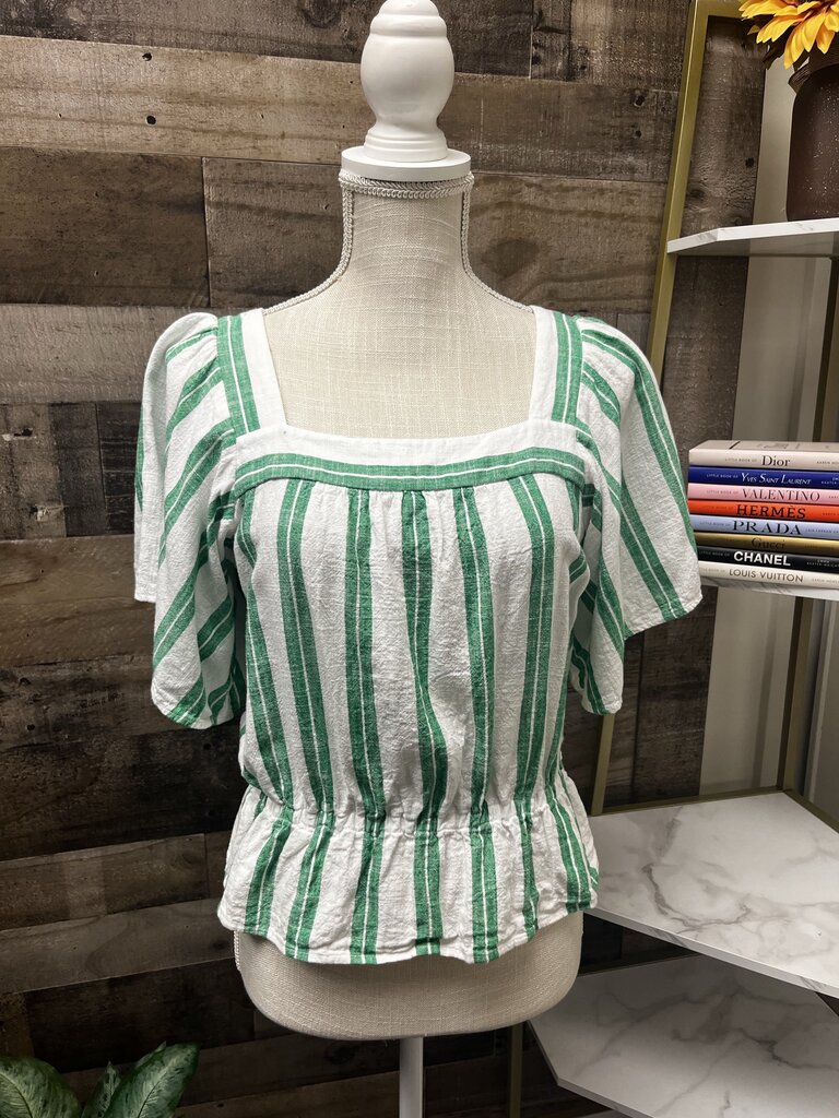 Ann Taylor Green & White Striped Short Sleeve Petite S