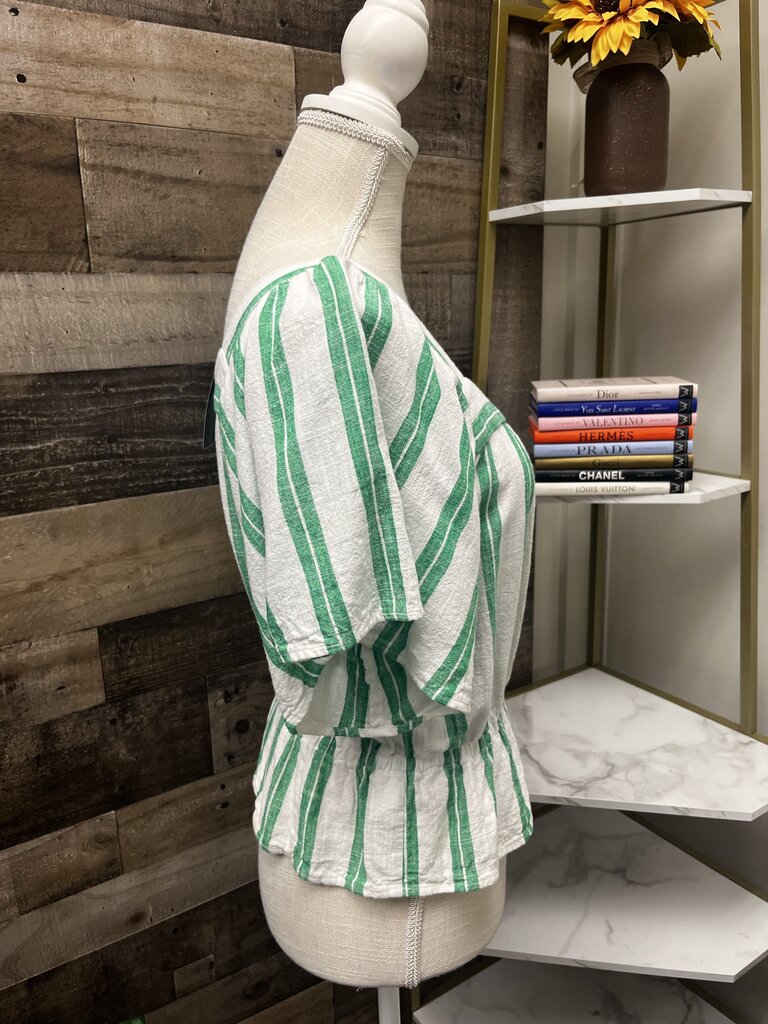 Ann Taylor Green & White Striped Short Sleeve Petite S