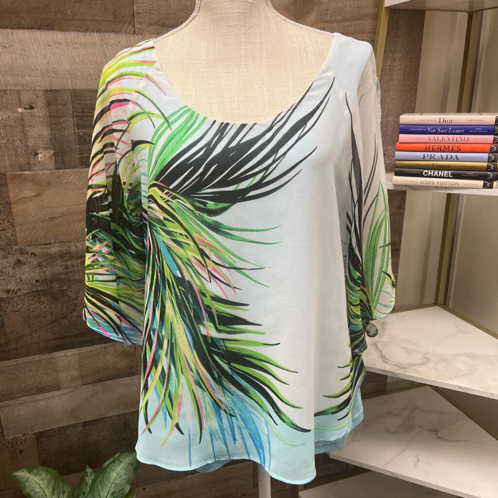 Rafaella Palm Leaf White & Blue Poncho Size M