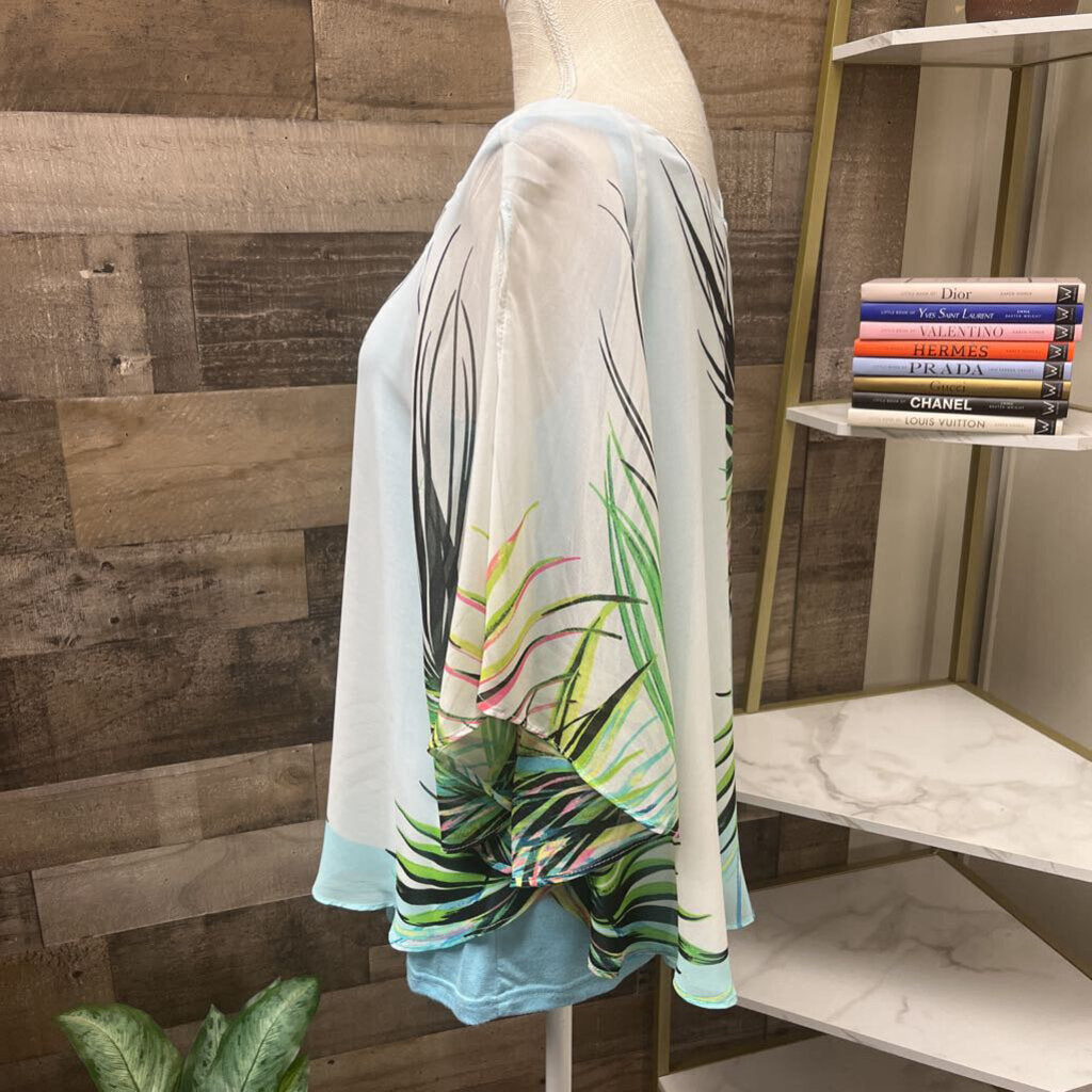 Rafaella Palm Leaf White & Blue Poncho Size M