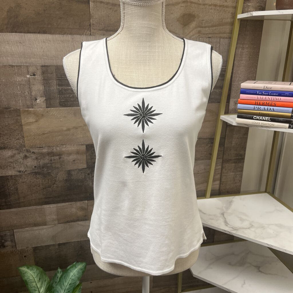 Ann Trinity White Tank w/Black Embroidered Flowers Size S