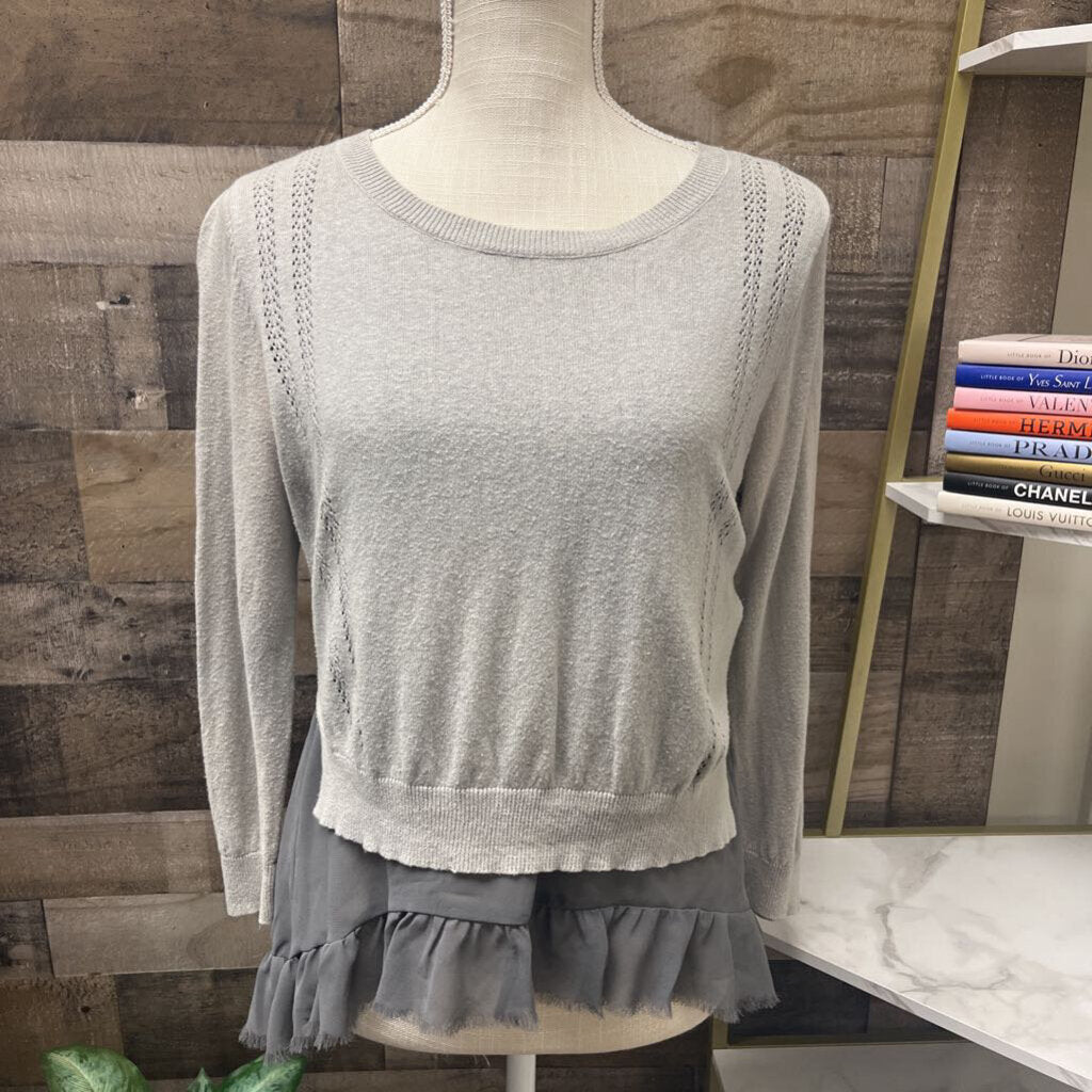 Anthro Yellow Bird Gray Sweater w/Ruffled Hem Size S