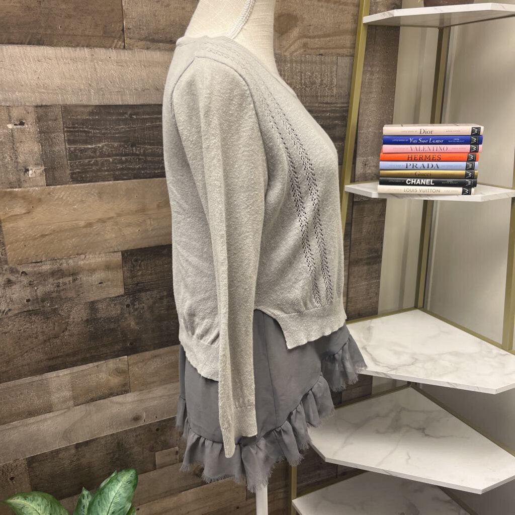 Anthro Yellow Bird Gray Sweater w/Ruffled Hem Size S
