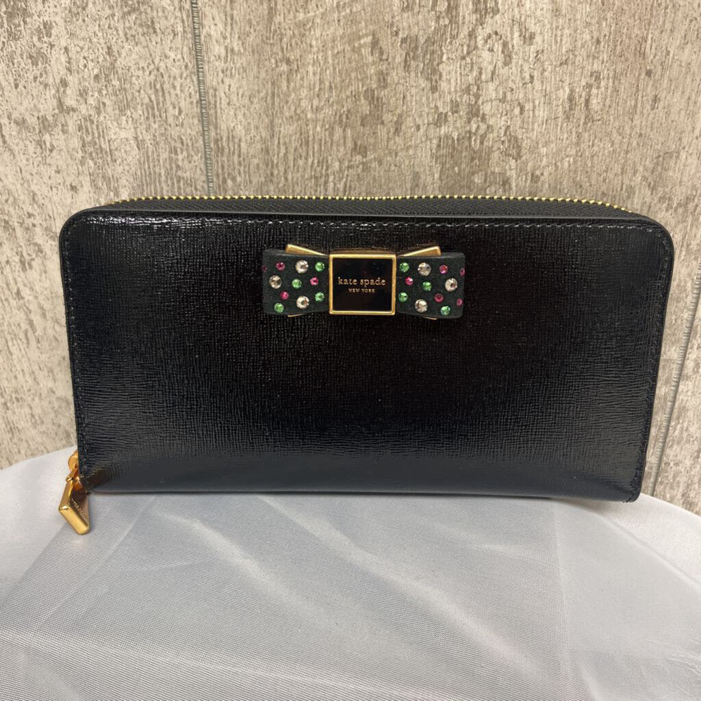 NWT Kate Spade NY Black Leather Wallet w/Gemstone Bow