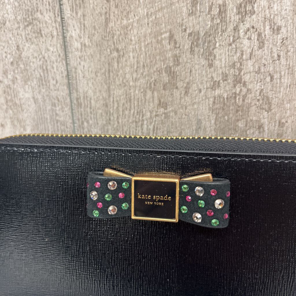 NWT Kate Spade NY Black Leather Wallet w/Gemstone Bow