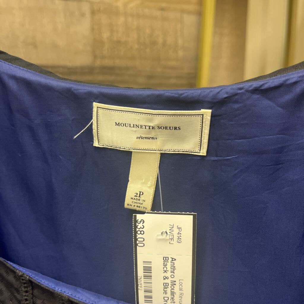 Anthro Moulinette Soeurs Silk Black & Blue Dress Size 2
