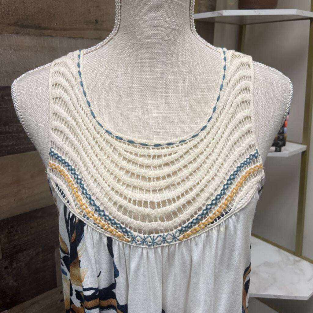 Anthro One Sept Crochet Neckline Navy & Cream Tank Size S
