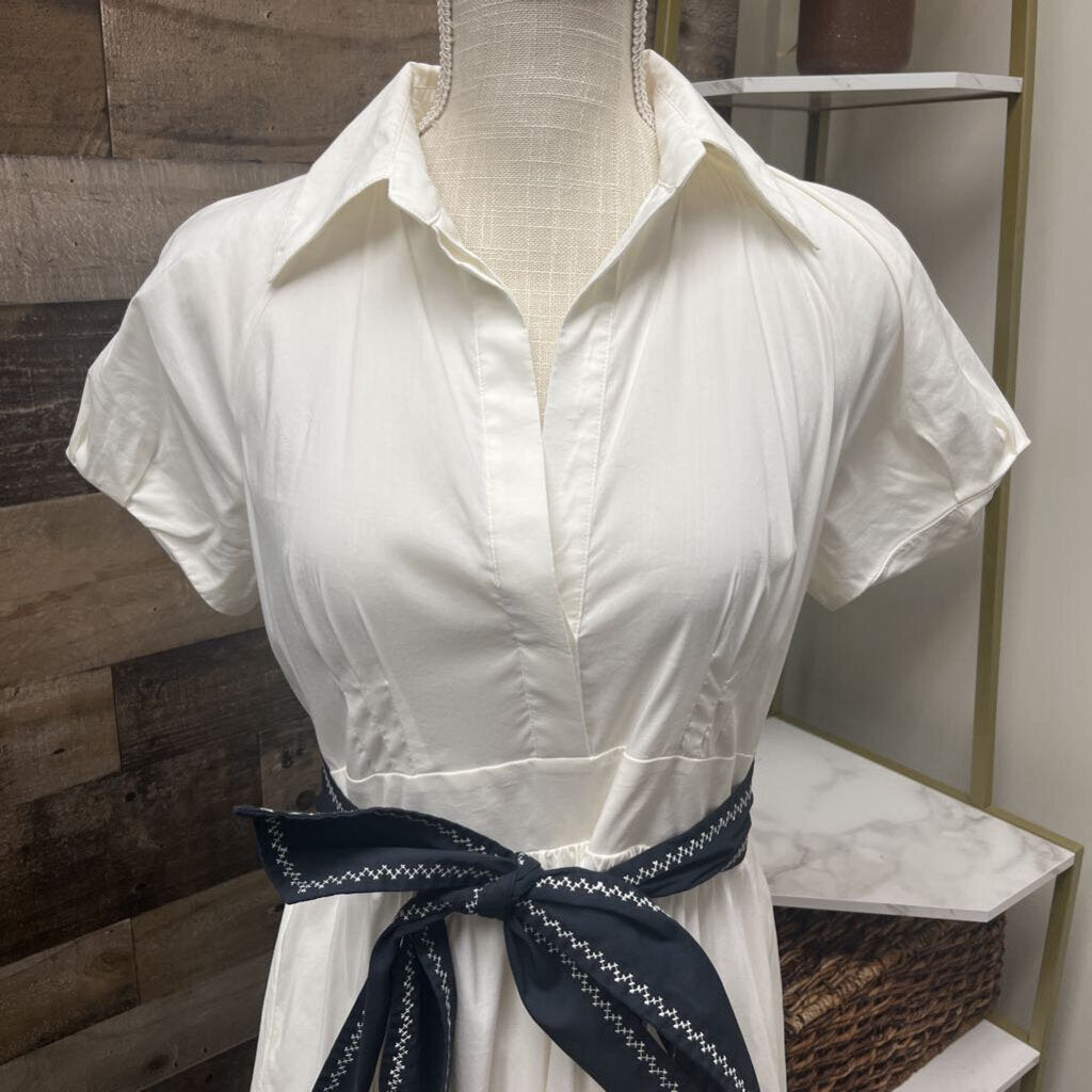 BCBGMaxzria Off White Dress w/Blue Sash Belt Size 4