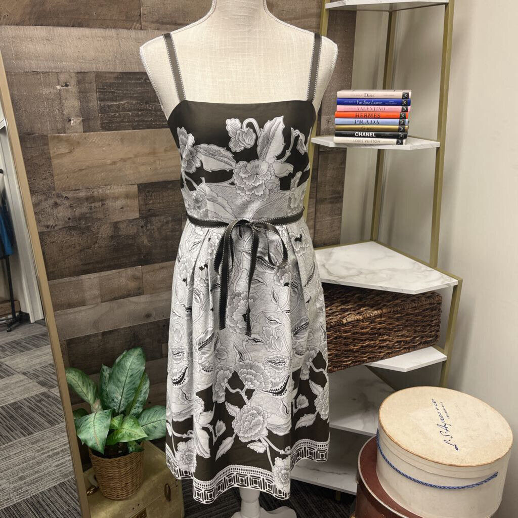 Ann Taylor Brown & White Floral Dress Ribbon Straps & Belt Size 0