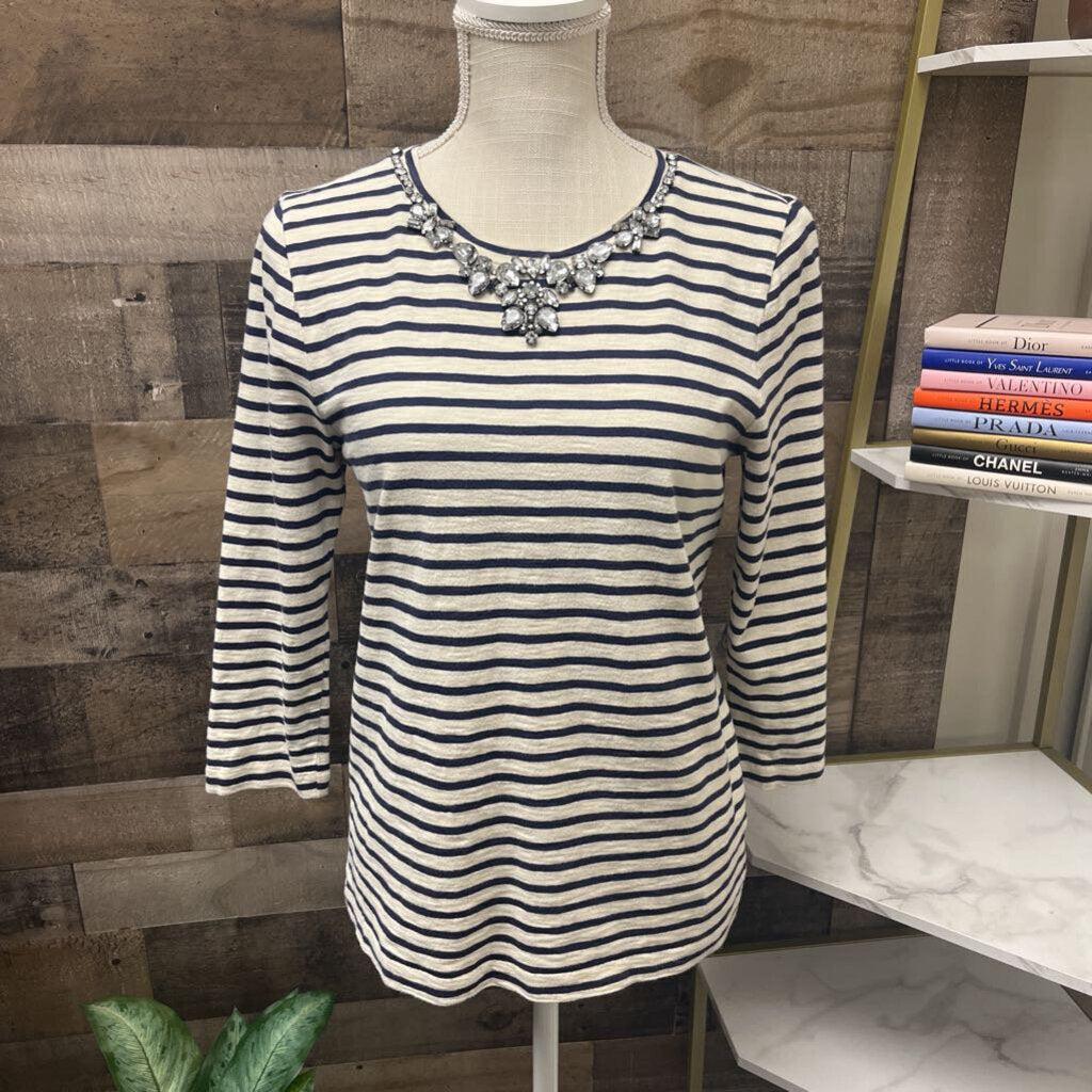 J Crew Navy & White Striped Jewel Neck Size M