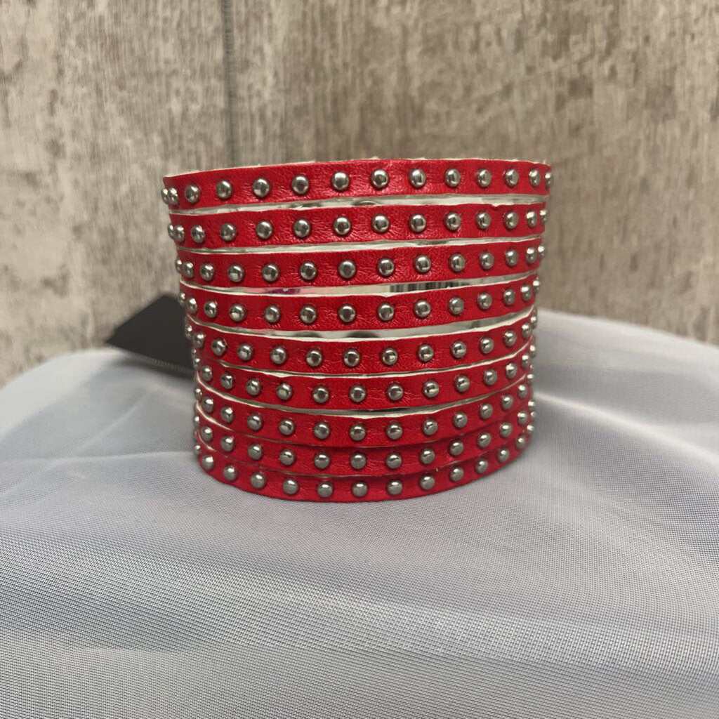 Red Silver Stud Faux Leather Cuff