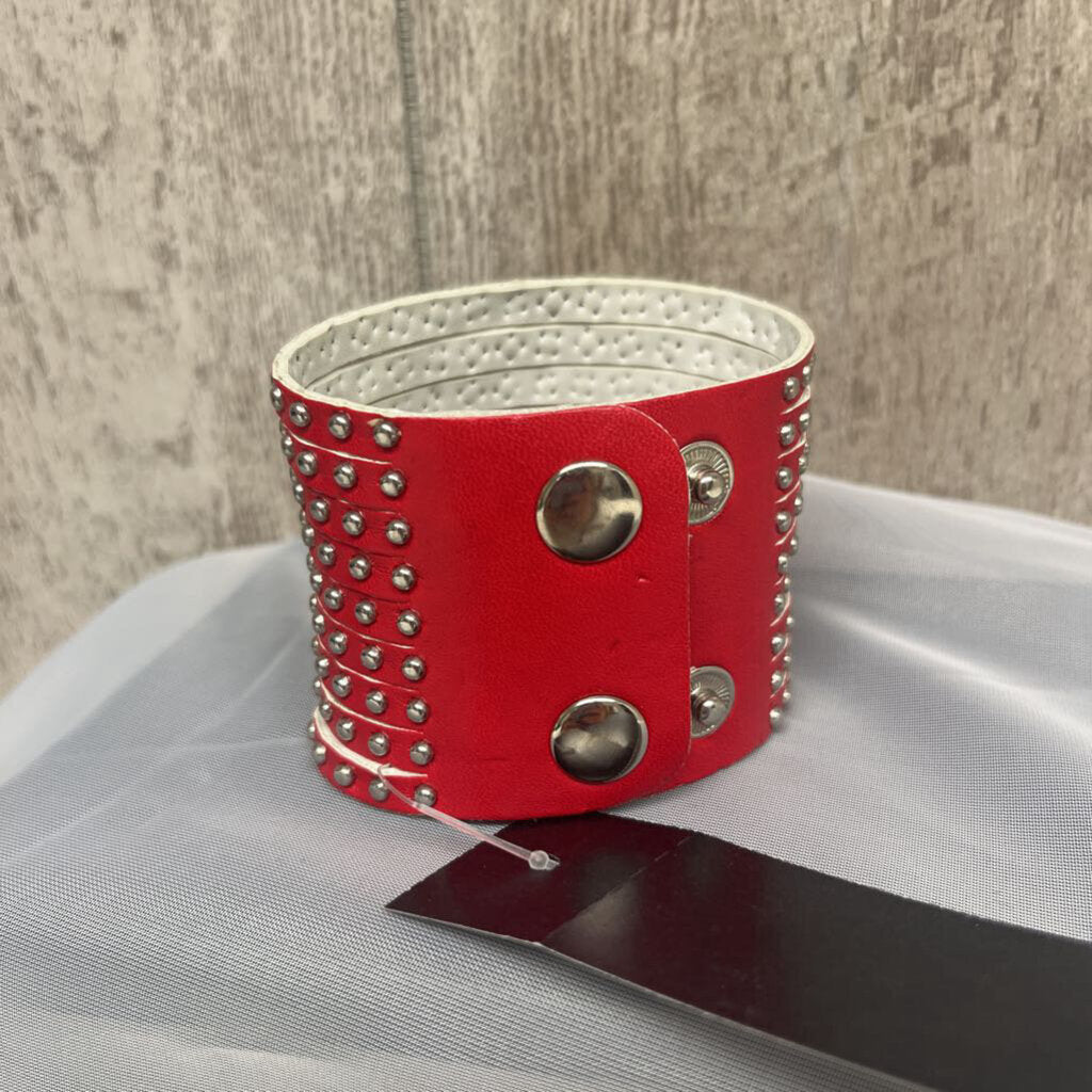 Red Silver Stud Faux Leather Cuff