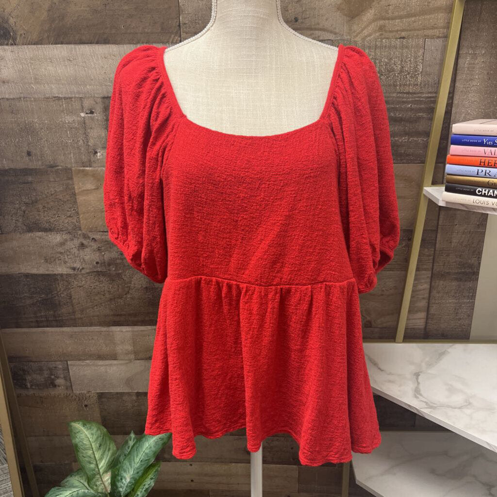 Madewell Puff Sleeve Peplum Babydoll Red Top Size L
