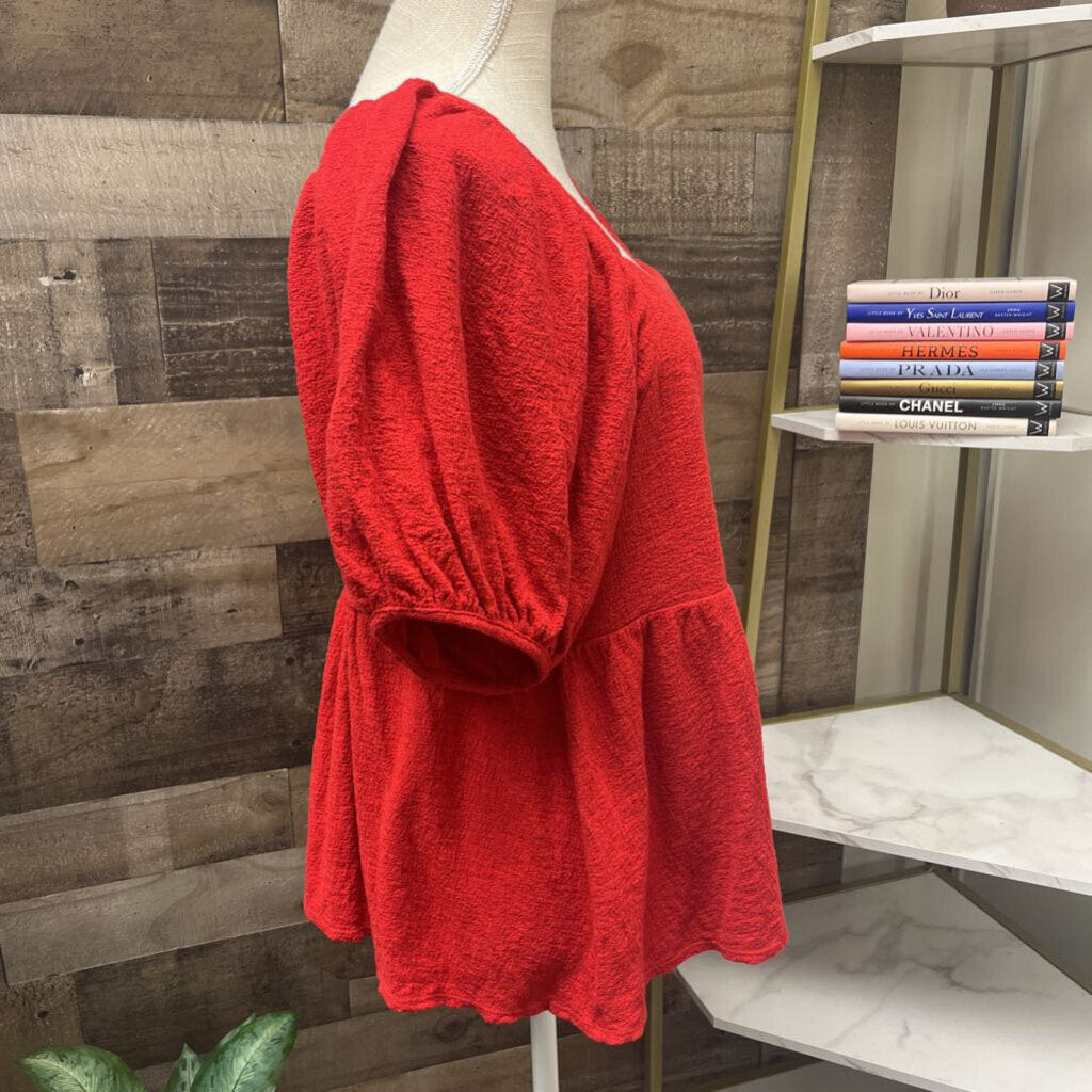 Madewell Puff Sleeve Peplum Babydoll Red Top Size L