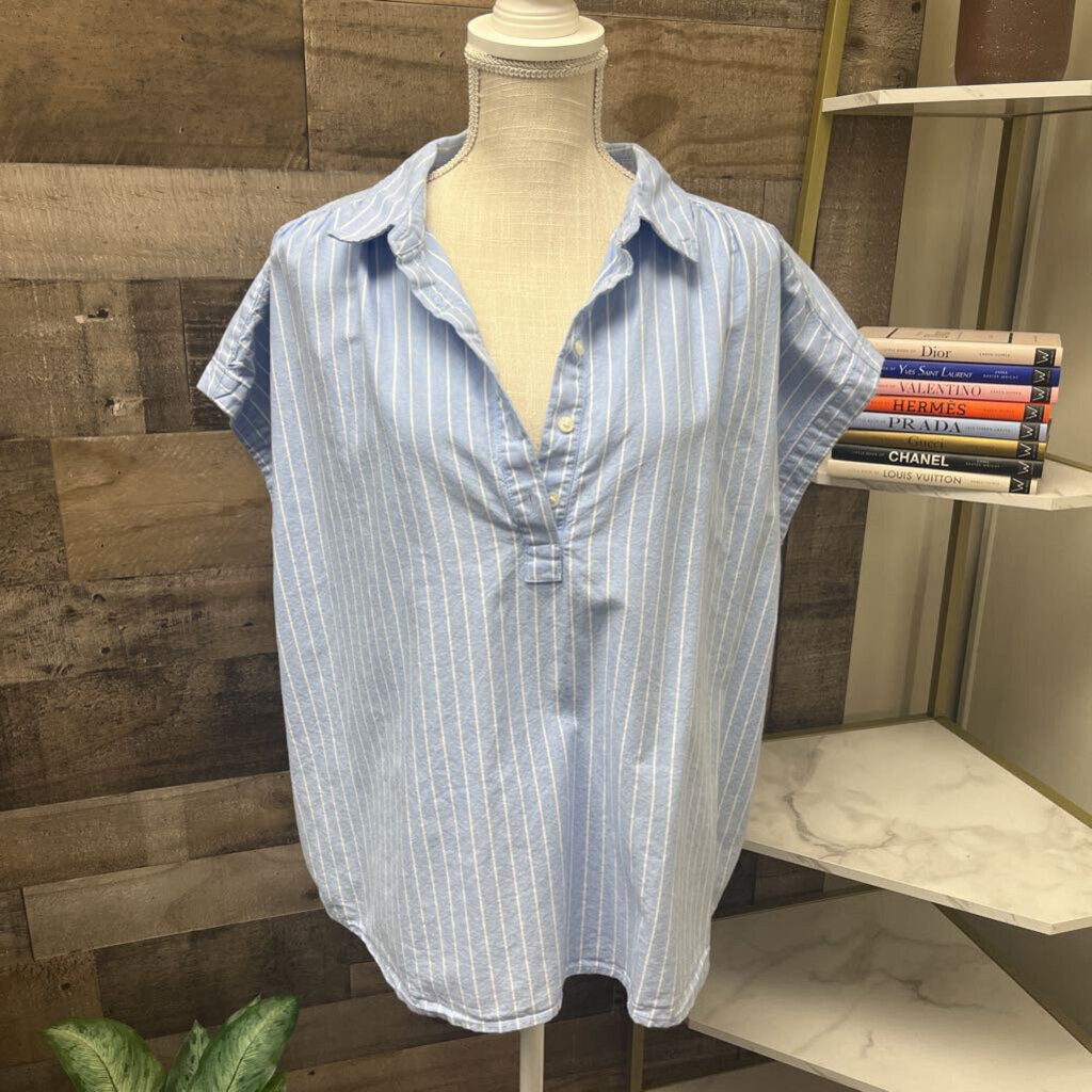 Ann Taylor Short Sleeve White & Blue Striped Button Up Shirt Size XL