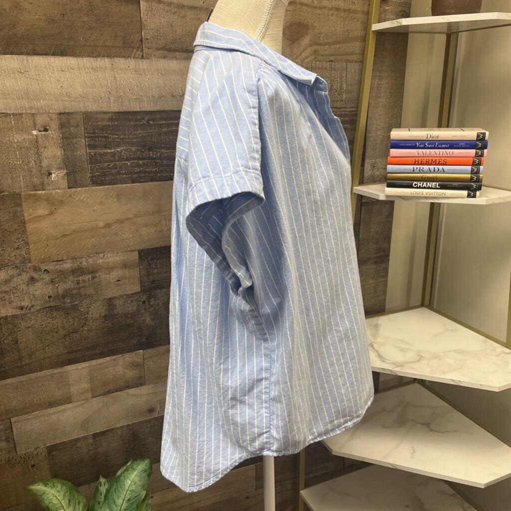Ann Taylor Short Sleeve White & Blue Striped Button Up Shirt Size XL