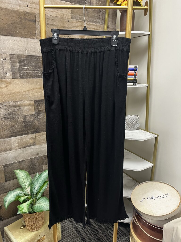 Umgee Black Linen Blend Elastic Waistband Wide Leg Pants Size XL