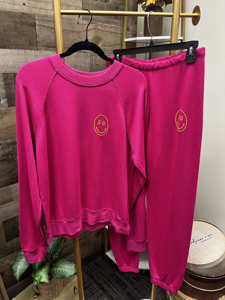 Spiritual Gangster Magenta Pink Yellow Smiley Forever Crewneck Sweatshirt & Sweat Pants Size L