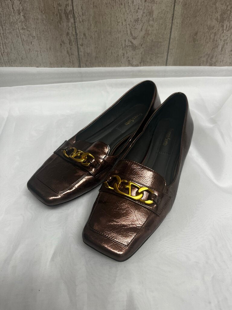 Franco Sarto Metallic Brown Leather Loafers w/ Gold Chain Accent Size 7.5